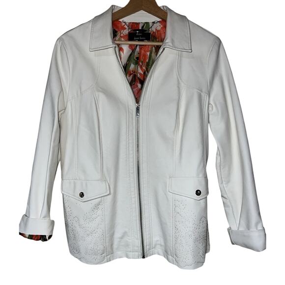 Dennis Basso White Faux Leather Jacket Womens M Cutout Eyelet Zip Up Western - Picture 1 of 5